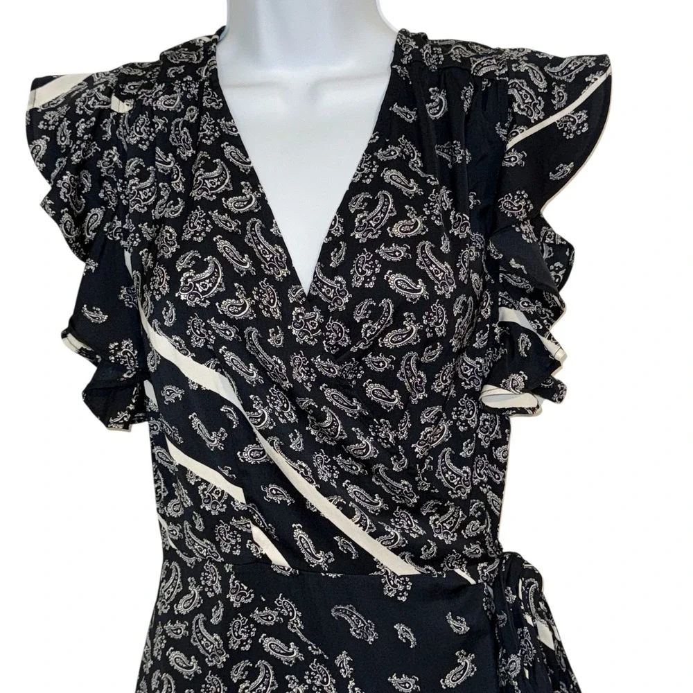 GIGI PARKER Black White Paisley Ruffle Wrap Flutter Sleeve Midi Dress‎ EUC Small